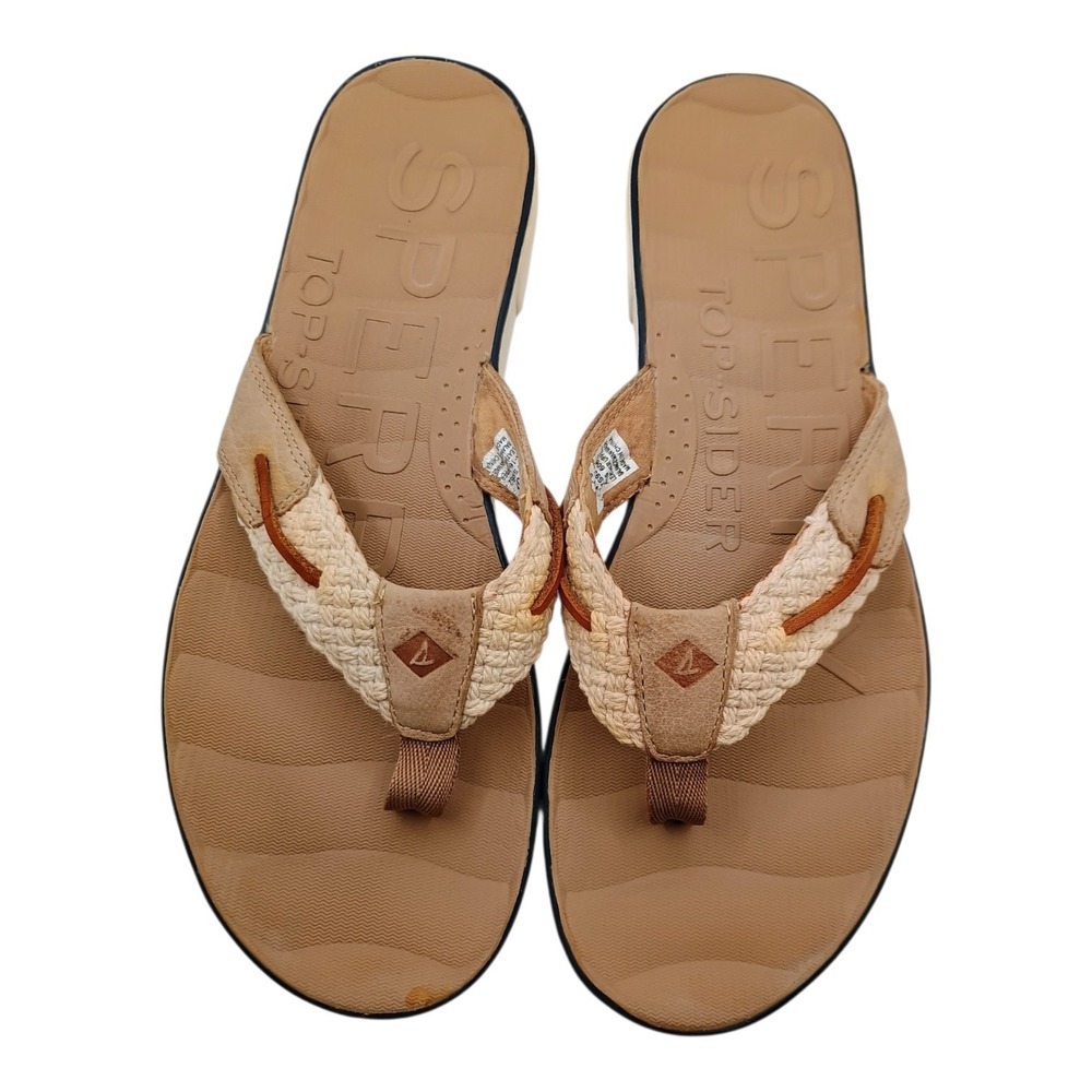 Sperry Parrotfish Womens 10M Flip Flop Thong Beige Leather Toe Post Comfort
